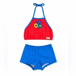 Kids Red & Blue Floral Trim Bikini Set